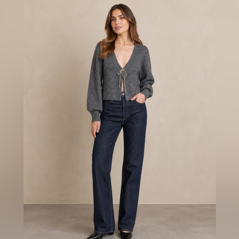 WAYF Lila Crystal Tie Cardigan - Dark Heather
